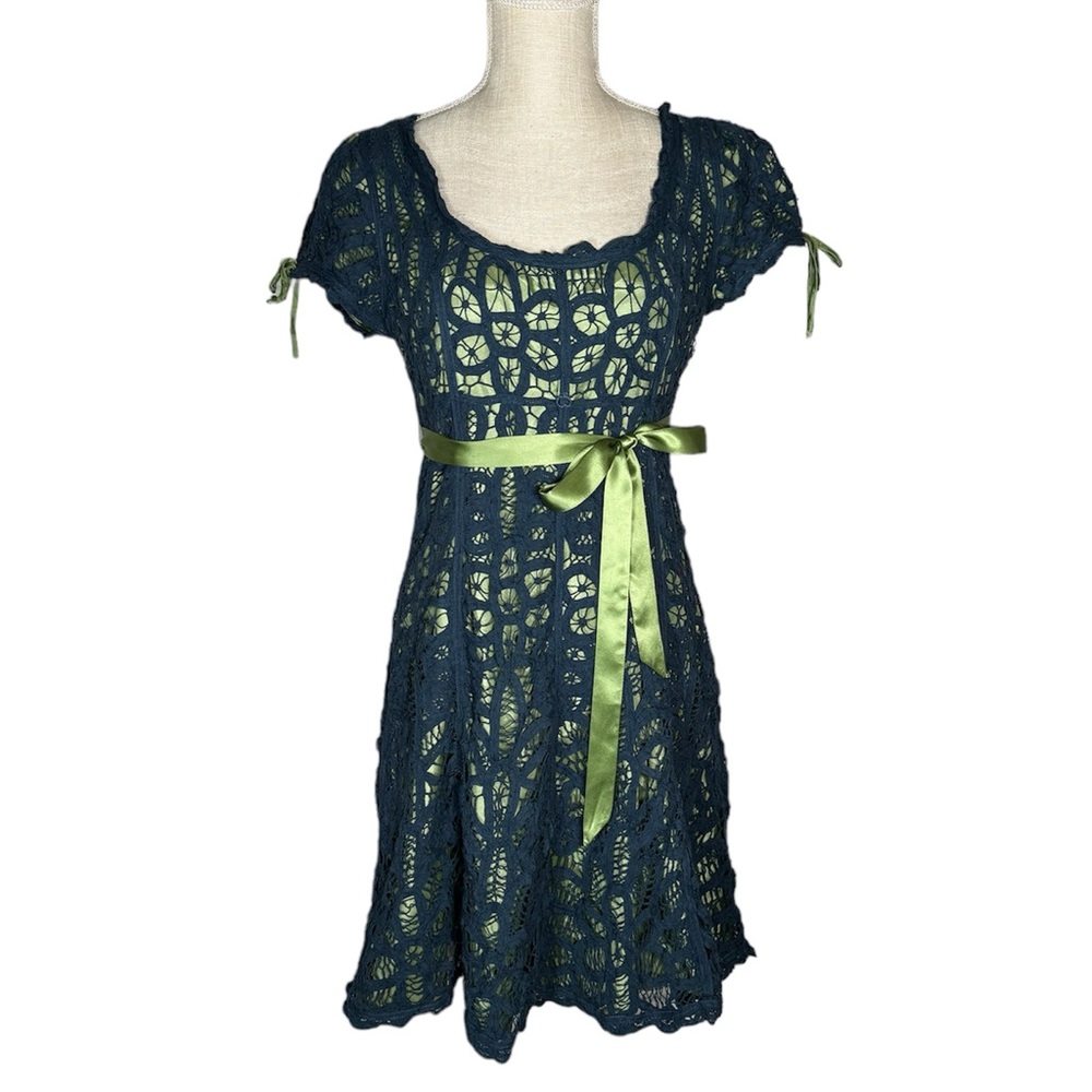 Vintage Betsey Johnson Blue Green Crochet Lace Dress
